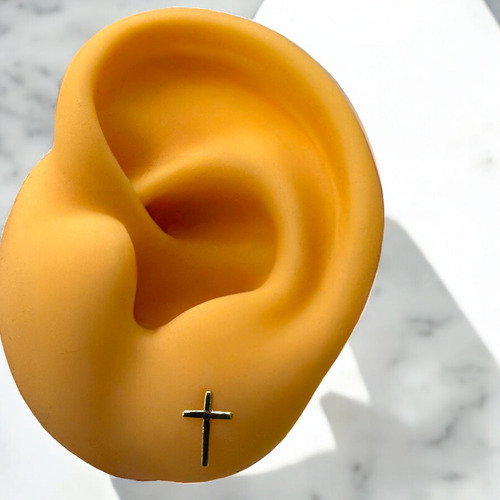 Arete Cruz Lisa Finita Oro 14 Kilates- 1 Cm Largo - Con Caja