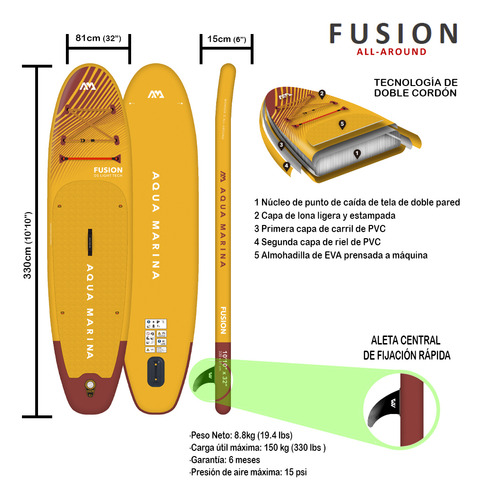 Tabla Paddle Surf Inflable 330 Cm Fusion | Aqua Marina Amarillo