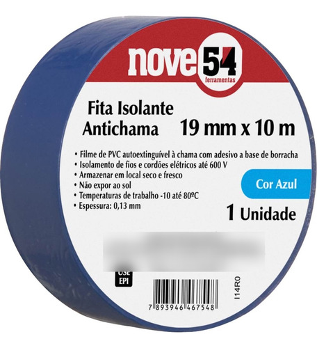 Fita Isolante Azul 19mm X 10 Metros Antichamas 10 Peças