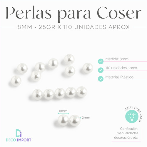 Perlas Para Coser 8mm X110u 25g Plásticas Cuentas Mostacilla