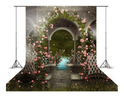 Pinel Fundo Fotográfico Flores Rosas Escadaria 3d 1,5x2,2