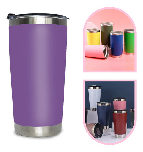 Vaso Térmico 20oz Acero Inoxidable Con Popote Morado