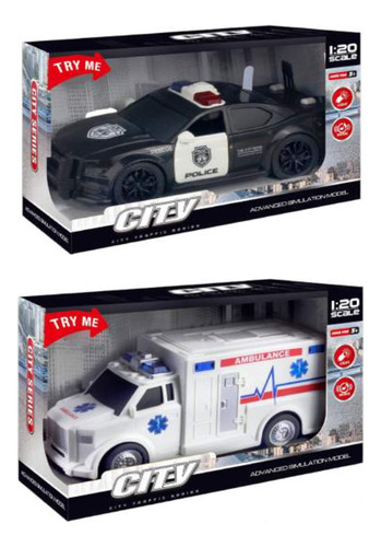 Auto Policia Patrullero Y Ambulancia 20 Cm Con Luz Y Sirena Color Negro Y Blanco Personaje Emergencia