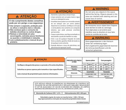 Adesivo Etiqueta Advertencia Moto Suzuki Vstrom Kit Etq4