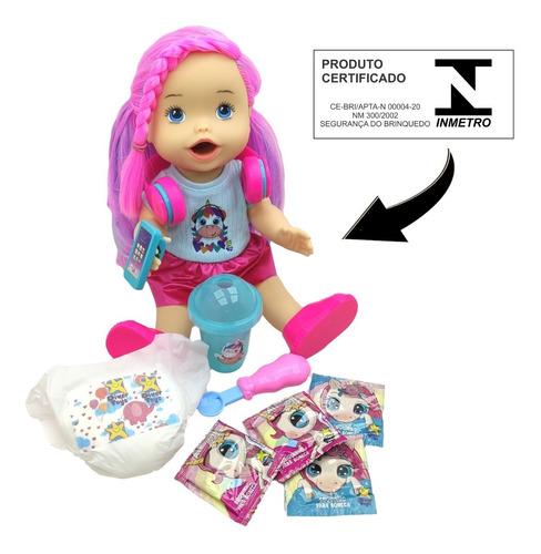 Imagem 5 de 7 de Boneca Faz Xixi Bebe My Little Descolada Fone De Ouvido Suco