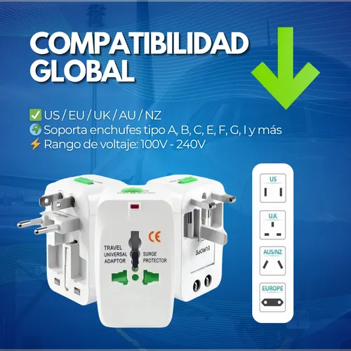Adaptador Enchufe Universal Ac Viajero + Cargador 2 Usb