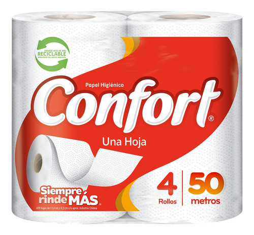 Imagen 2 de 2 de Papel Higiénico Confort Una Hoja 4 Un 50 Mt