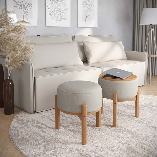 Puff Decorativo Multifuncional Com Mesa Pill Linho Cru