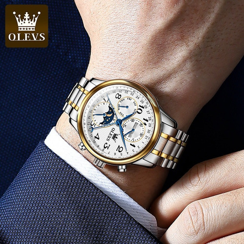 Olevs Reloj Cronógrafo Mecánico Con Fase Lunar Para Hombre Color De La Correa Stainless/silver Gold