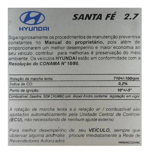 Hyundai Santa Fé - Adesivo Com Informações Técnicas Do Capô
