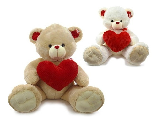 Oso De Peluche Sentado De Piel Con Corazon Tramado 70 Cm.