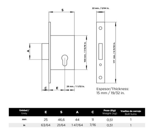 Cerradura De Seguridad Cisa 84 25mm Recortada Con 2 Llaves
