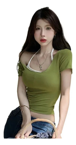 Camiseta Verde De Fibra De Poliéster Para Mujer, Diseño Sexy