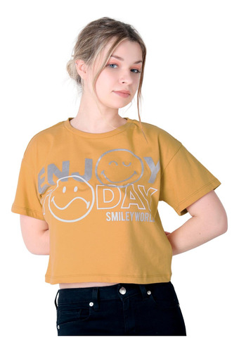 Playera Mujer Moda Camiseta Mostaza Smiley 58205006