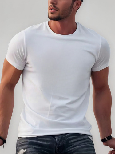 Camiseta Clásica Blanca De Cuello Redondo Para Hombre -