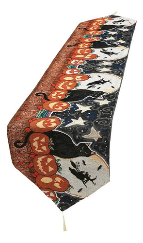 Mantel De Lino Con Borlas De Halloween, Calabaza Gato Negro