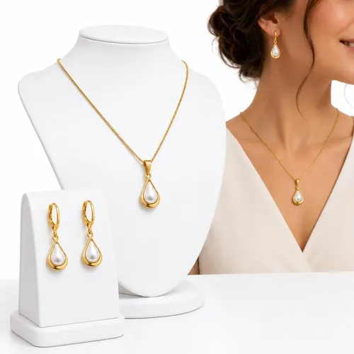 Conjunto Colar Par De Brinco Pérola Gota Zircônia A Ouro 18k Dourado