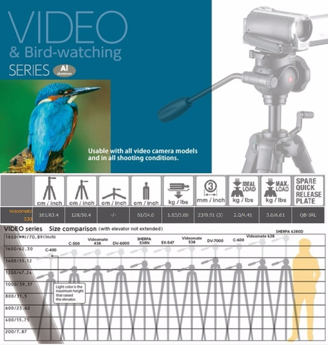 Tripode Velbon Videomate 538/f - 0,6m A 1,6m Soporta 3kg