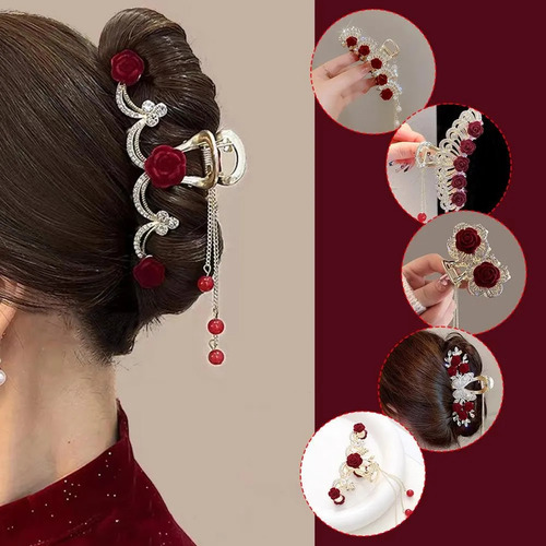 Pinzas De Pelo De Terciopelo Con Borlas Rosas Para Mujer, Cr