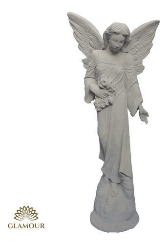 Estátua Anjo Flor Em Cimento - A: 100cm X L:44cm
