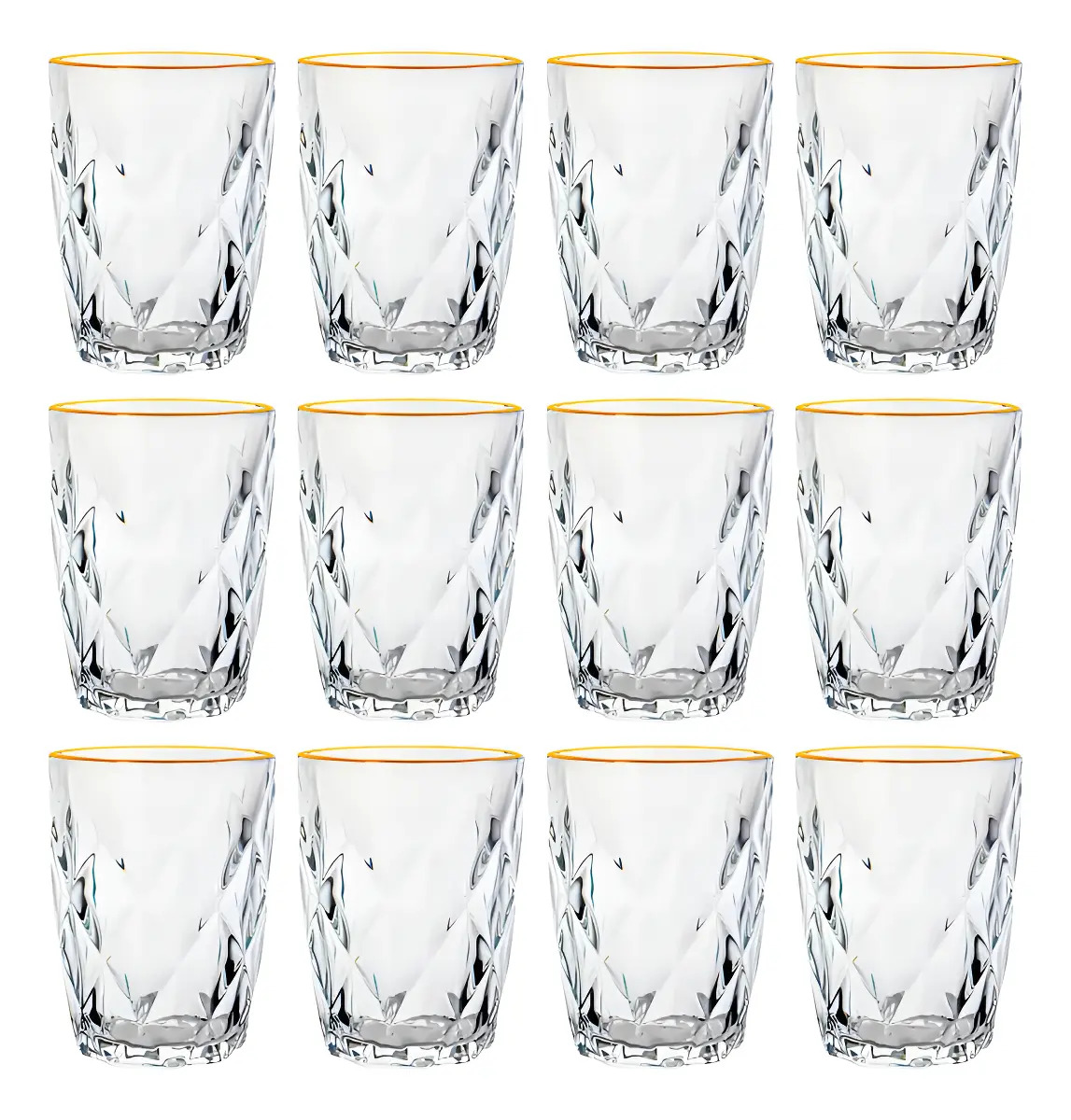 Jogo Copos De Vidro Diamond Fio De Ouro 270ml 12 Peças Lyor