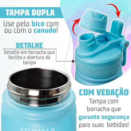 Garrafa Térmica 2 Em 1 800ml Tampa Dupla Com Canudo E Bico Alça Base Emborrachada Antiderrapante Bebida Quente E Fria Aço Inox Cor Azul Claro Irsina