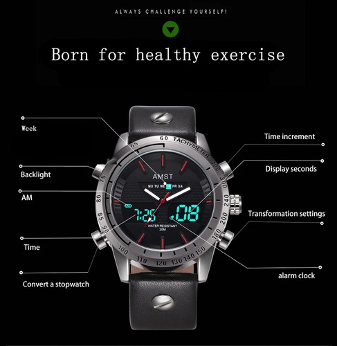 Relógio Esportivo Militar Pulseira De Couro Digital Amst