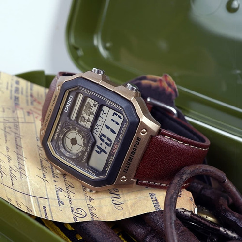 Relógio submersível masculino Casio AE-1200whl-5 Mesh Leather Wr100 Mesh Bezel marrom, ouro escuro, fundo cinza