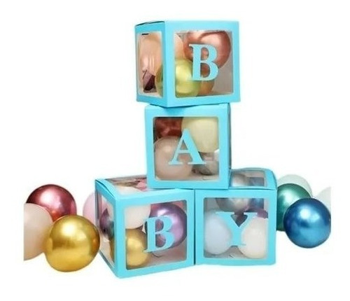 Set 4 Cajas Cubo Para Decoración De Baby Shower Con Globos