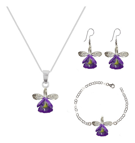 Juego Collar, Aretes Y Pulsera Orquidea Morada, Joyeria