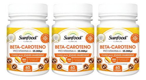 Kit 3 - Beta Caroteno - 60 Capsulas - Sunfood Eua Sabor Sem