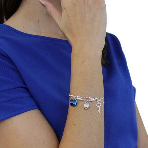 Imagen 6 de 10 de Pulsera De Plata 925 Con Dijes De Corazón, Llave Y Swarovski