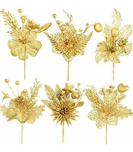 Youngjoy 6 Pieces Chinese New Year Glitter Flower Picks Gold