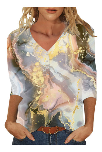 Top Casual Estampado Con Botones Y Cuello En V M Para Mujer