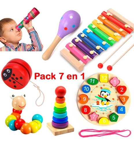 Pack 7 Juguetes Didácticos De Madera Para Niños Montessori A