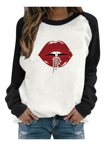 Sudadera De Forro Polar Con Estampado De Labios Raglán Para