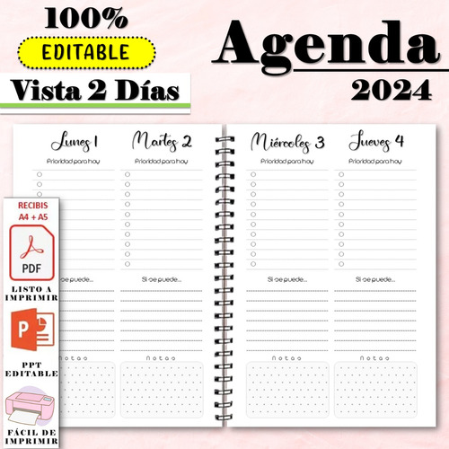 Agenda 2024 Imprimible 2 Dias X Hoja Editable 100%