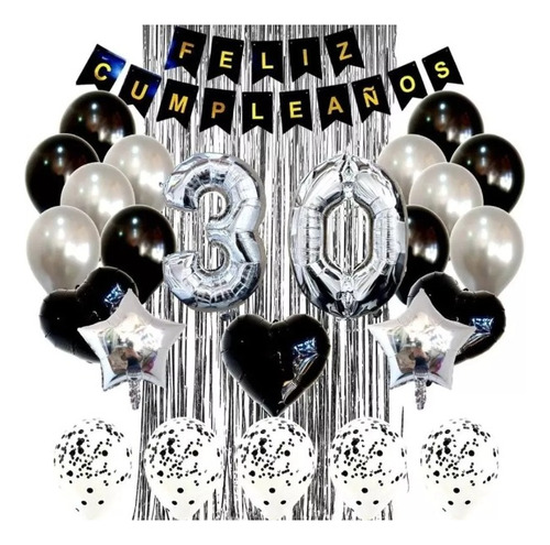 Kit Decoración Feliz Cumpleaño Bombas Plata Y Negro+cortina