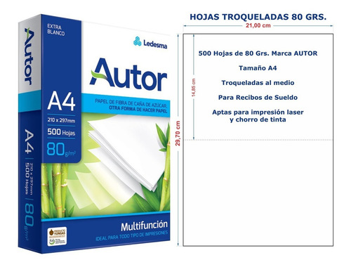 500 Hojas Troqueladas A4 80grs Para Recibo De Sueldo X5