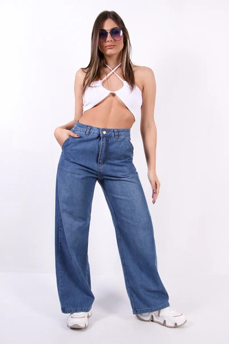 Jean Pantalon Mujer Wide Leg Rigido Tiro Alto