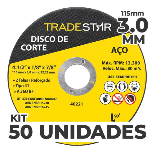 Kit Com 50 Disco De Corte Metal 115x3,0 Mm Furo 22/23 Mm