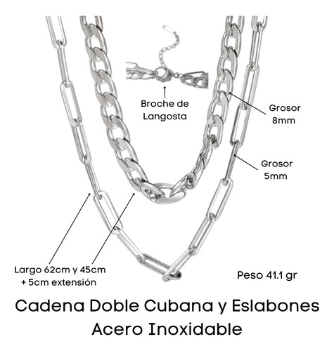 Imagen 3 de 10 de Cadena Cubana Eslabones Hombre Collar Doble Acero Plata 8mm