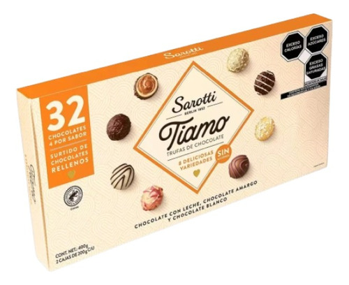 Tiamo Sarotti  chcolate con leche, amargo y blanco con chocolate sin gluten caja 400 g 2 u pack x 32