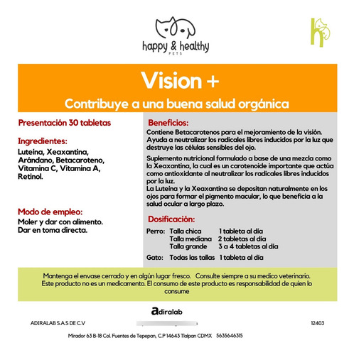 Suplemento Mascota Vision + 60 Tabletas Para Perro Y Gato