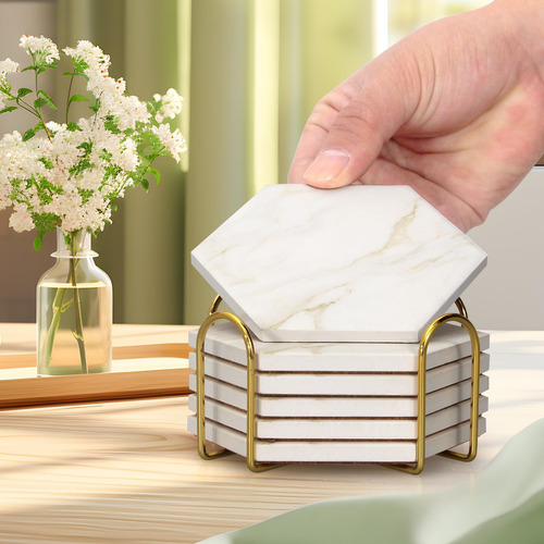 Juego De 6 Posavasos De Mármol Blanco Con Soporte, Posavasos