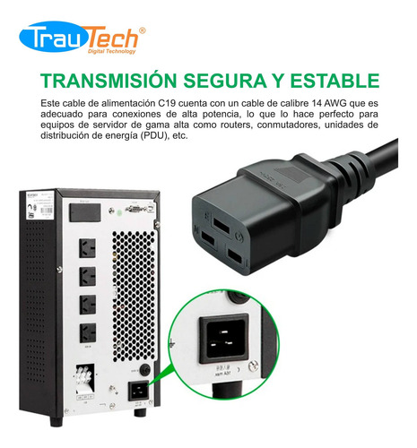 Cable De Poder Ups C19 A C20 1.80 Mts 3x14 Awg 16a Trautech