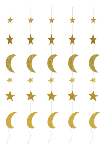 Guirnalda De Estrellas Y Luna, 5 Unidades, Color Dorado Bril