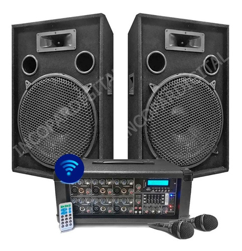 Combo Consola Potenciada 6 Canales Bluetooth Usb Control Remoto 150w Rms + 2 Bafles 15'' + 2 Mic