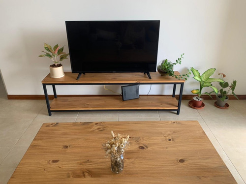 Imagen 1 de 3 de Mesa Tv Rack Doble Madera Hierro (160x30x60cm) 25 Mm Espesor