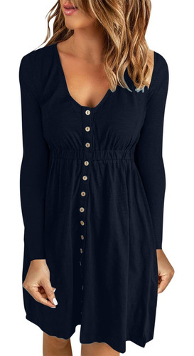 Vestido Casual Manga Larga Para Dama Color Liso Botone